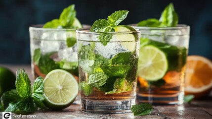Fototapeta premium Refreshing mojito cocktails with lime, mint, and ice cubes in a glass