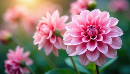 Soft focus dahlia blossoms, repeating motif, pastel hues , pastel, surface, soft pattern