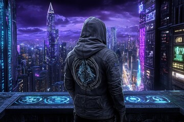 A rogue courier in a dystopian city, smuggling contraband through digital security zones