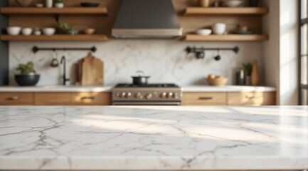 Clean marble is prominent in the foreground, with a modern, minimalist kitchen faintly visible in the background.