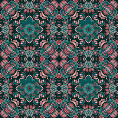 Amazingly beautiful floral pattern in ethnic style. Seamless pattern in transformative teal and beige tones. Print for fabric.