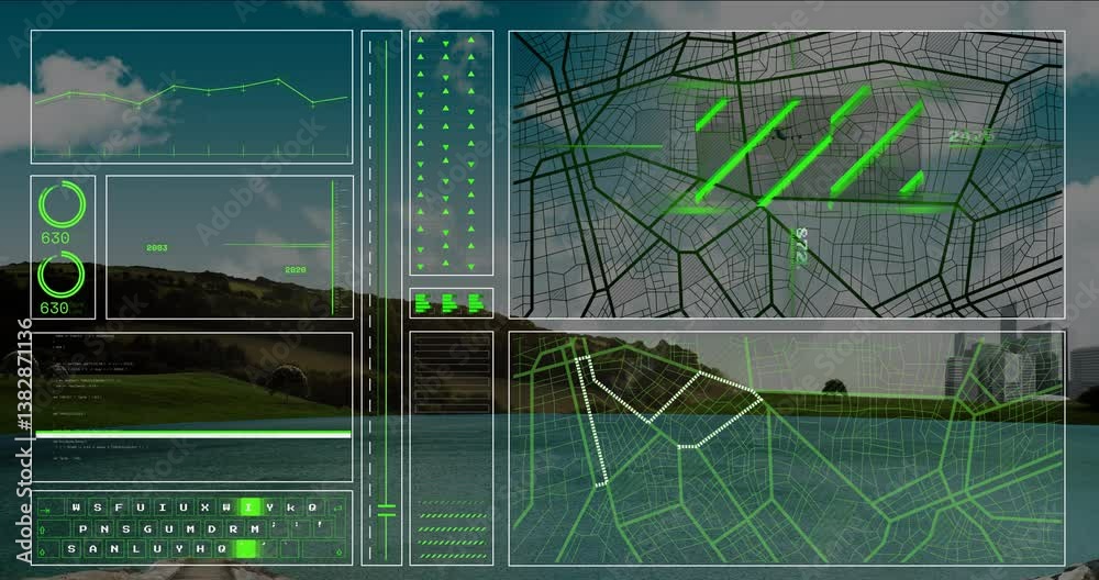 Poster displaying animation of geographic maps, data analytics over landscape background