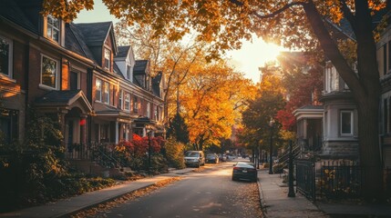 A peaceful suburban street in Toronto, lined with trees and modern townhouses.
