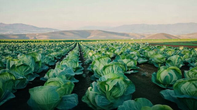Rows of vibrant green cabbage flourish across expansive fields, showcasing the beauty of agricultural life against a backdrop of distant hills in gentle morning light.