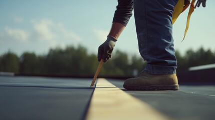 A construction worker measuring angles for roof construction at a building site. Featuring precision and planning