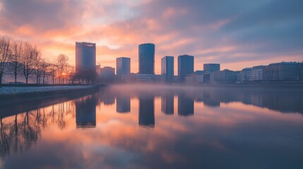 Fototapeta premium A peaceful sunrise over the Danube River, reflecting Viennas modern skyline.