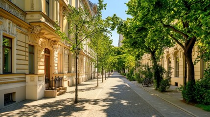 Fototapeta premium A quiet residential street in Vienna lined with elegant townhouses and green trees.