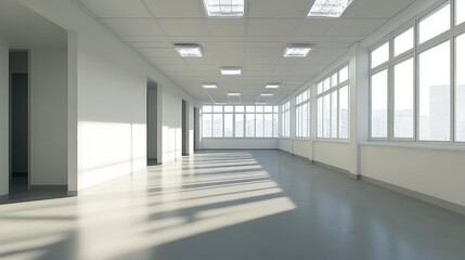 Fototapeta premium A modern, unfurnished room featuring clean white walls and a sleek ceiling, bathed in soft daylight.