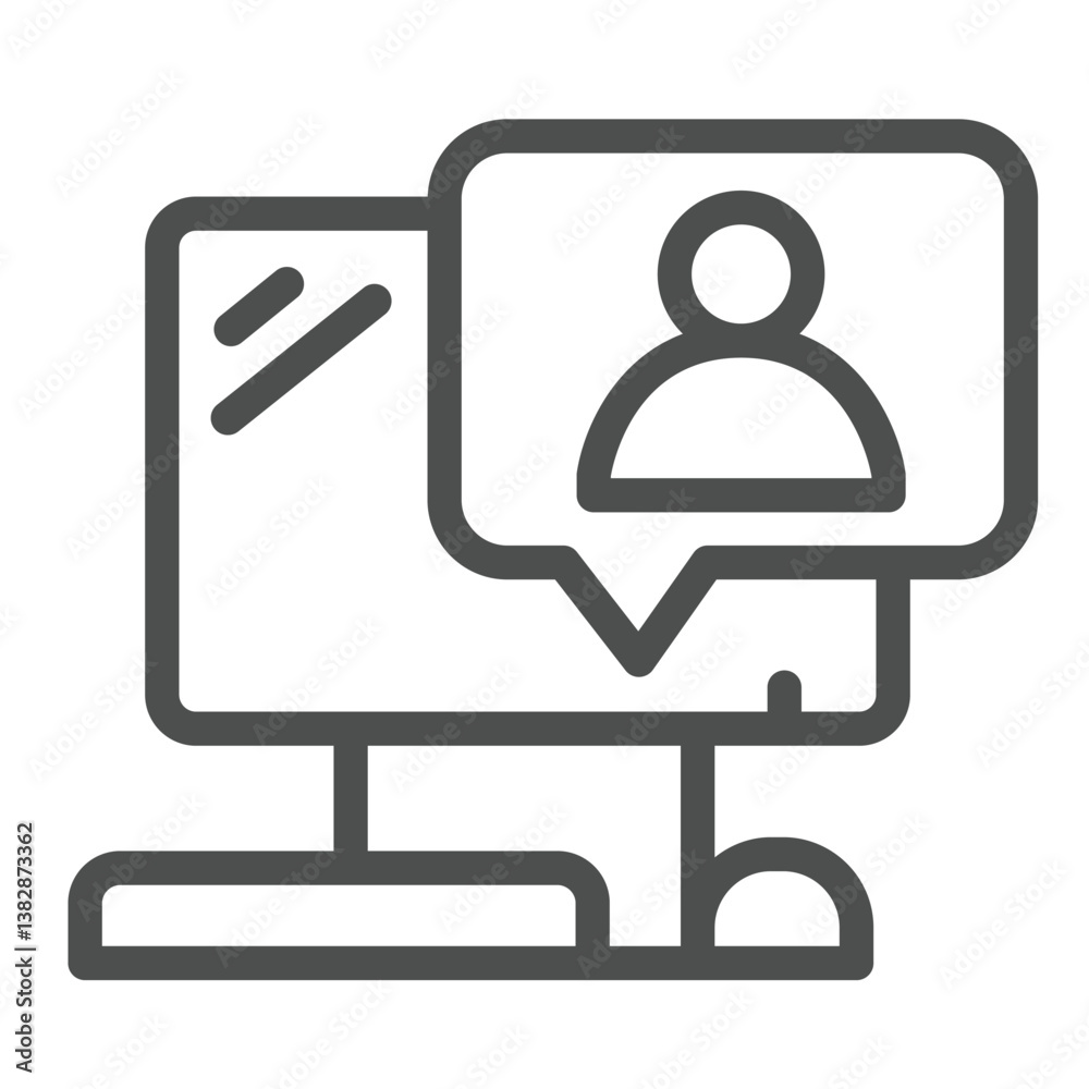 Poster computer with user message line icon, remote work concept. vector graphics. monitor and message popu