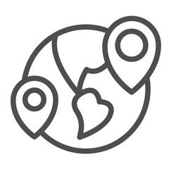 Planet earth with two location pins line icon, remote work concept. Vector graphics. World globe and locations, travel sign on white background, outline style icon for mobile or web design.