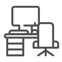 Desk with chair and desktop line icon, remote work concept. Vector graphics. Personal workplace with computer, seat sign on white background, outline style icon for mobile or web design.