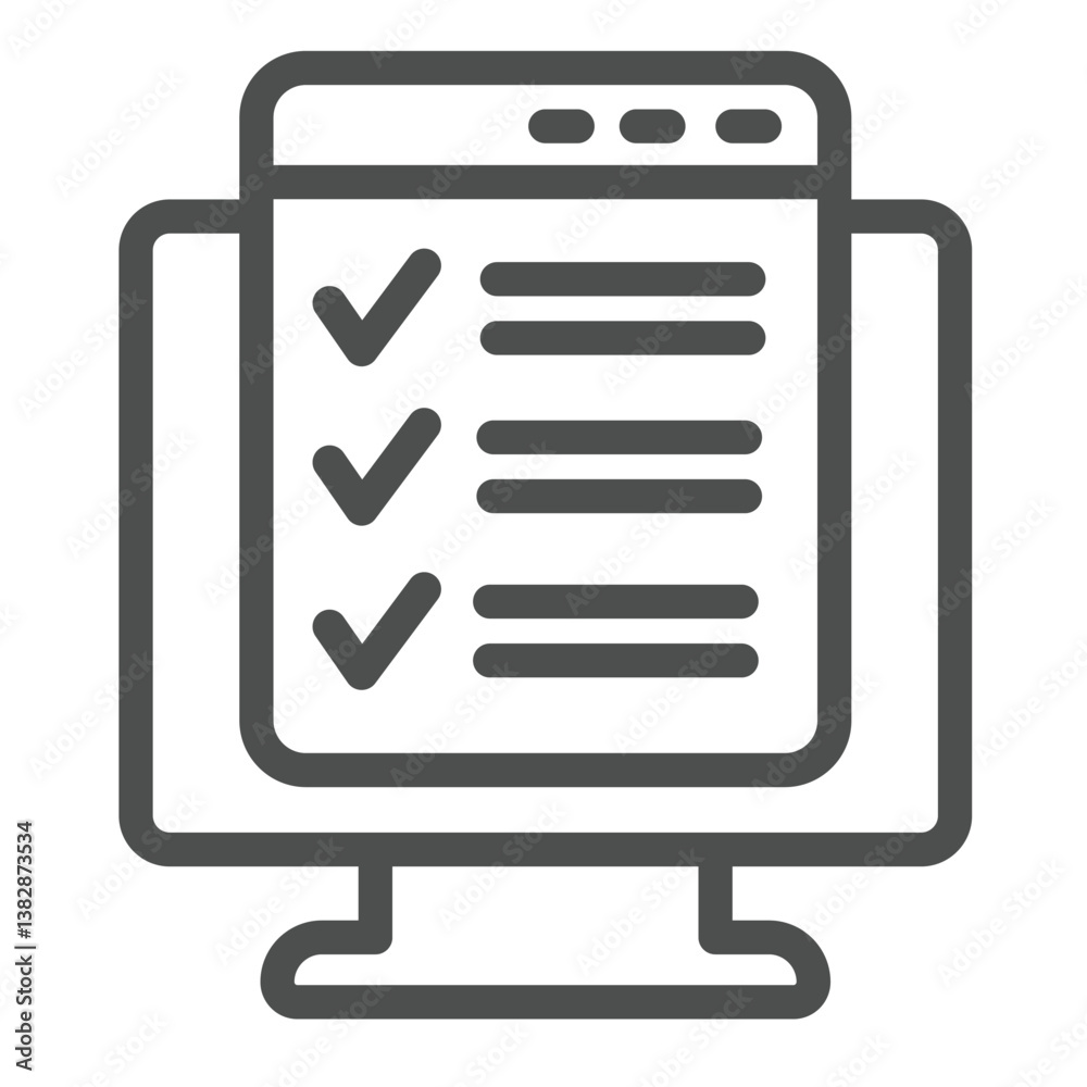 Fototapete Monitor screen with checklist window line icon, remote work concept. Vector graphics. Display and task schedule, checklist plan sign on white background, outline style icon for mobile or web design.