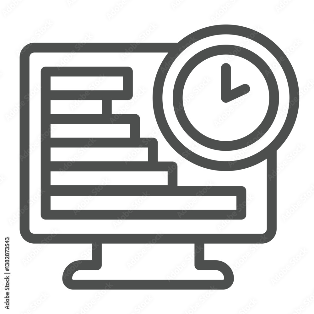 Poster monitor screen with chart and clock line icon, remote work concept. vector graphics. marketer tasks 