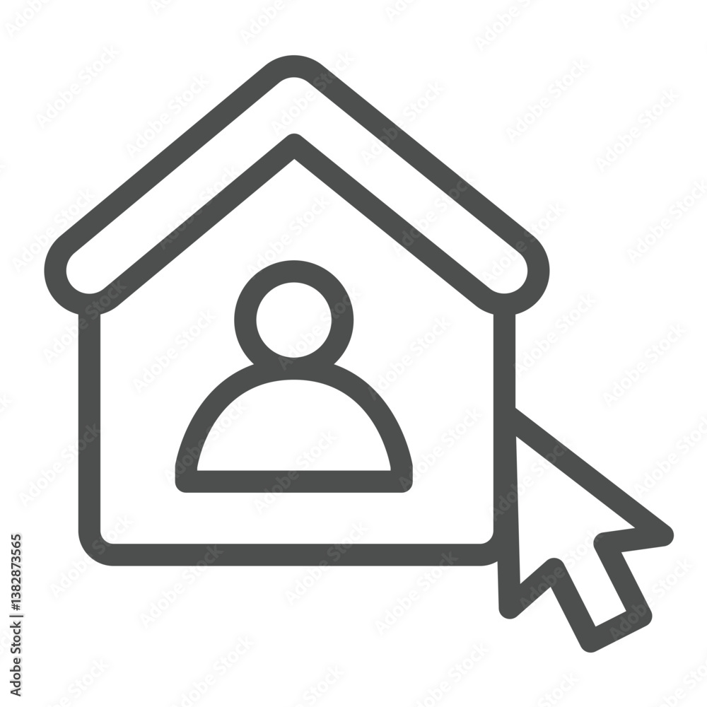 Poster home user and mouse cursor line icon, remote work concept. vector graphics. user house with pointer,