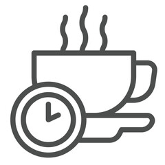 Hot coffee cup and clock line icon, remote work concept. Vector graphics. Coffee break, drink sign on white background, outline style icon for mobile or web design.
