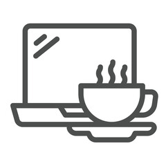 Coffee cup and laptop computer line icon, remote work concept. Vector graphics. Drink, coffee break sign on white background, outline style icon for mobile or web design.