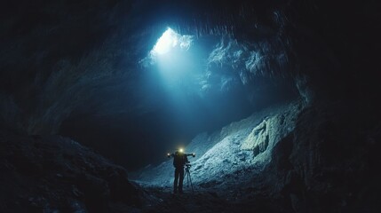 Obraz premium Exploring Dark Cave with Headlamp and Tripod Under Light Beam