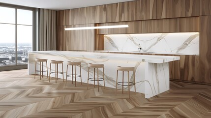 A modern kitchen featuring a large island with bar stools