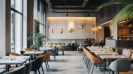 A modern restaurant with a dining table and chairs.