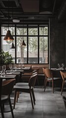 Obraz premium A modern restaurant with a dining table and chairs.