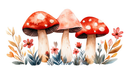 Watercolor Illustration of Three Mushrooms with Floral Decoration, cut out transparent
