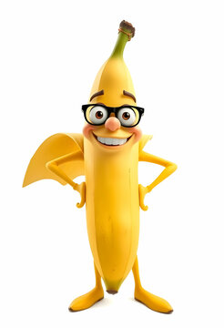 Naklejki Cartoon Banana Character Wearing Glasses Standing with Hands on Hips