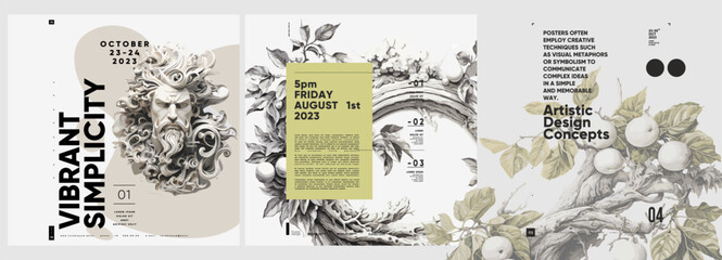 Ancient Greek painting and sculpture. Antique bust, branches with foliage and vines. Typography poster design and vectorized watercolor paintings on a background.