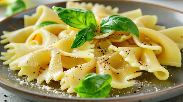 A plate of cooked farfalle pasta garnished with fresh basil leaves, olive oil, and black pepper, served on a clean surface perfect for a meal or culinary showcase.