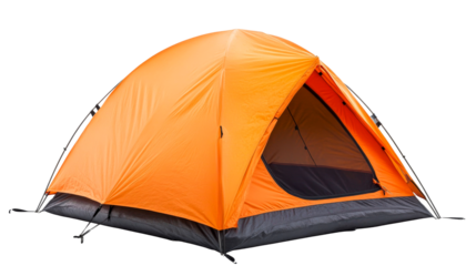 Bright orange camping tent isolated on black background, cut out transparent