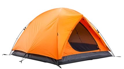 Fototapete Camping Bright orange camping tent isolated on black background, cut out transparent  © Maestro