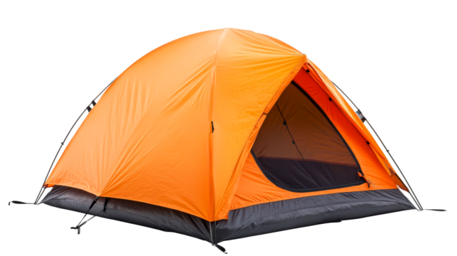 Bright orange camping tent isolated on black background, cut out transparent