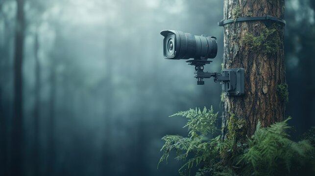 Camera mounted on tree in misty forest