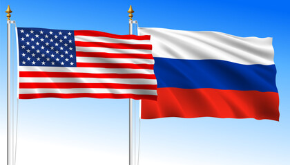 United States vs Russian Federation, waving flags on a sky blue background, vector illustration