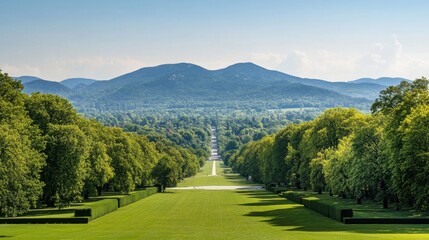 The Schnbrunn Palace gardens in full bloom, surrounded by neatly trimmed hedges.