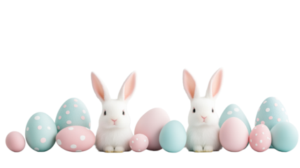 Two white rabbits with Easter eggs in pink and blue, cut out transparent