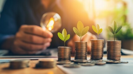 A light bulb lighted with the idea of sustainable energy and growth. 