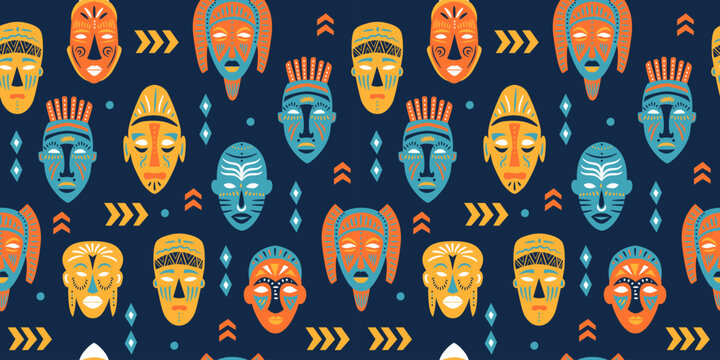Seamless pattern of ritual masks of African ethnic tribes of various shapes on blue background.