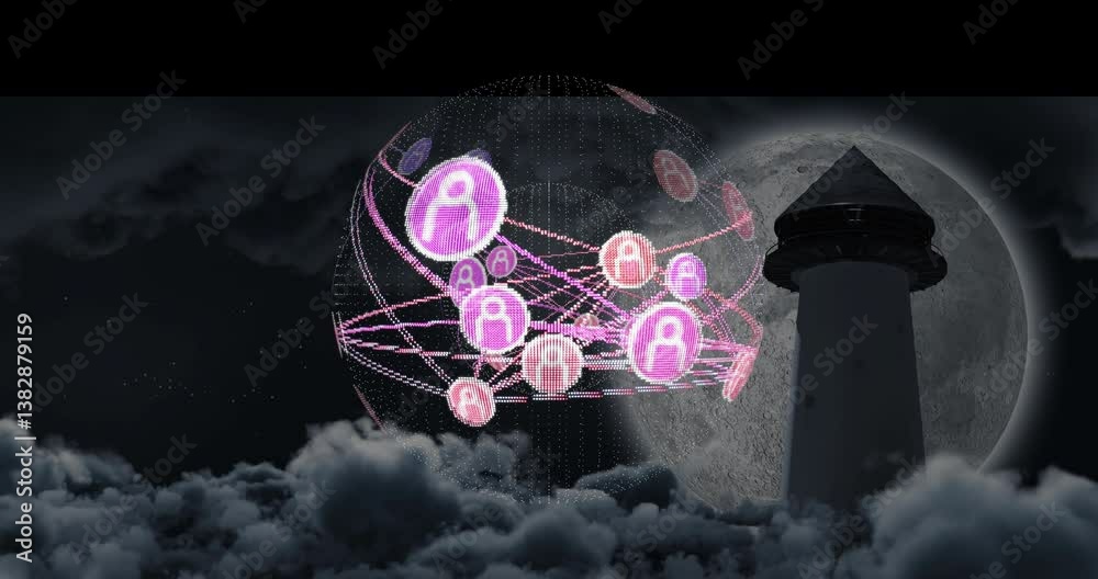 Poster network of connections and data processing animation over lighthouse and moon