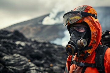 Scientists exploring active volcano with molten lava, fire, and thick smoke in extreme conditions, generative ai