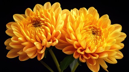 Close-up of two bright yellow chrysanthemum flowers against a black backdrop.  Possible use Stock photo for floral design, gardening, or nature themes