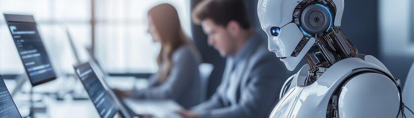 A humanoid robot working alongside two individuals in what appears to be a modern office environment. 