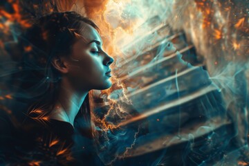 Fototapeta premium Woman in contemplative pose surrounded by vibrant colors and ethereal patterns at twilight