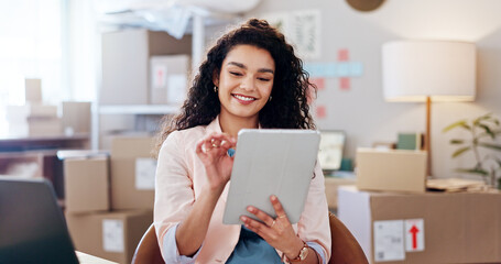 Fashion, woman and logistics with tablet for supply chain, business management or stock for...