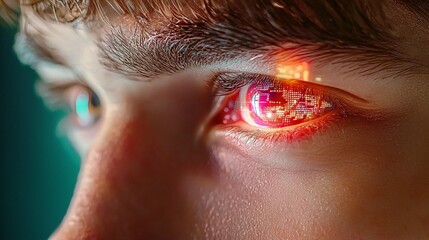 Close up of eye with digital interface; futuristic tech, light, and cybernetic enhancement