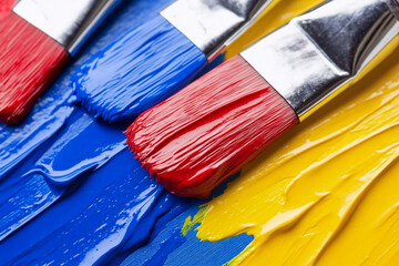 Fototapeta premium Close-up view of colorful paintbrushes dipped in vibrant blue, red, and yellow paint on a canvas surface