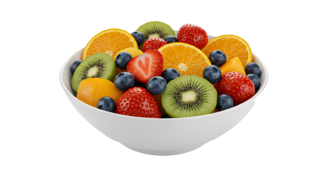 A white bowl filled with a colorful assortment of fresh fruits including strawberries and blueberries