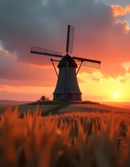 dutch windmill at sunset