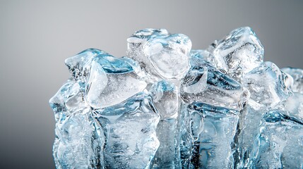 Close-up shot of clear, shiny ice cubes. The ice has a slightly bluish tint on a gray background
