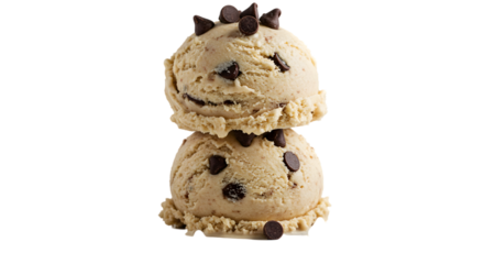 Two scoops of cookie dough ice cream stacked on top of each other with chocolate chips PNG on a transparent background