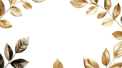 Frame of elegant golden leaves on a black background, cut out transparent
